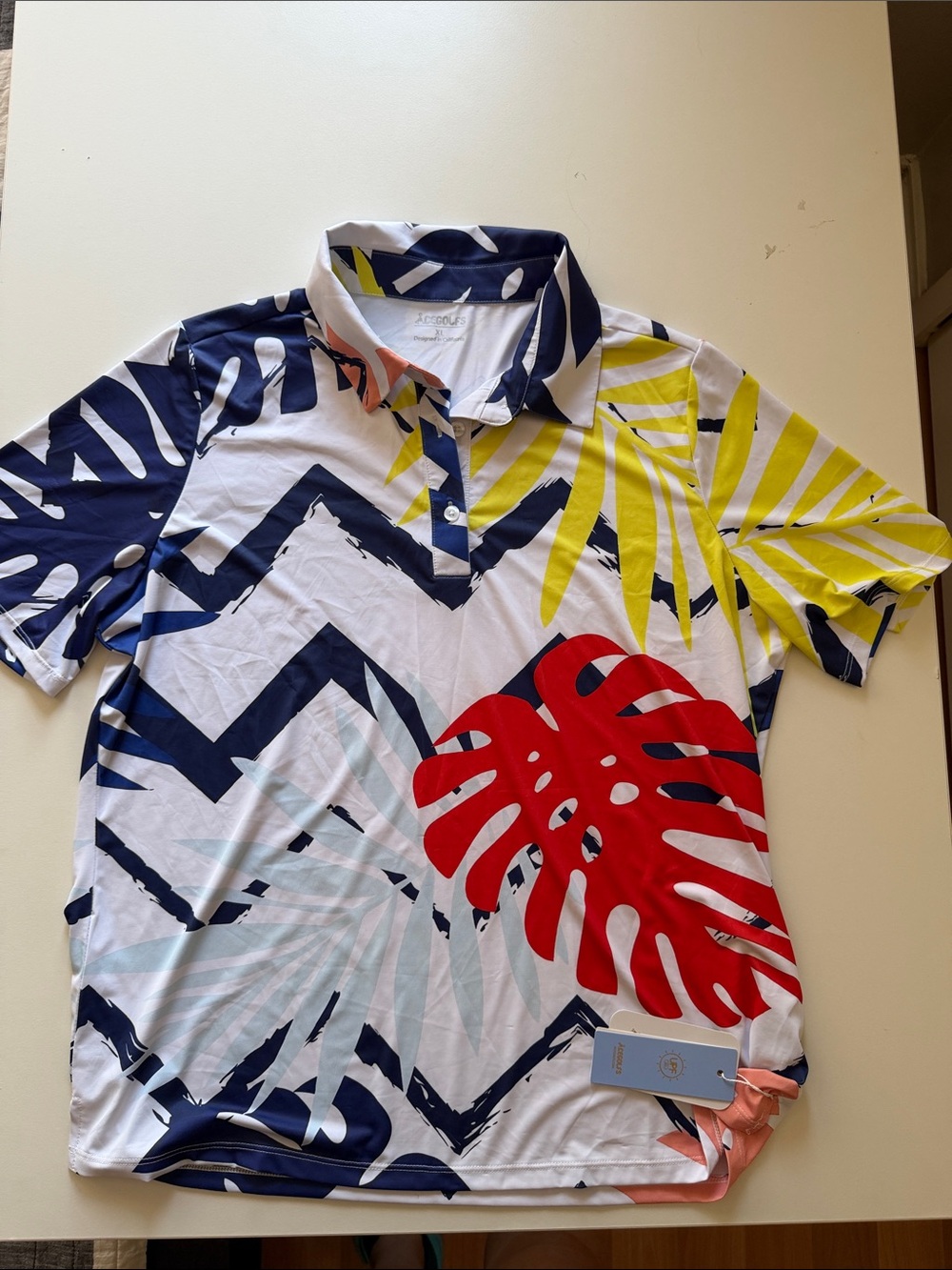 Cegolfs | XL | Tropical Print | Polo Shirt in White, Navy, Red & Yellow